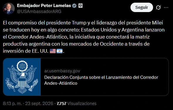 The United States ambassador to Argentina referred to the launch of the Andes-Atlantic corridor