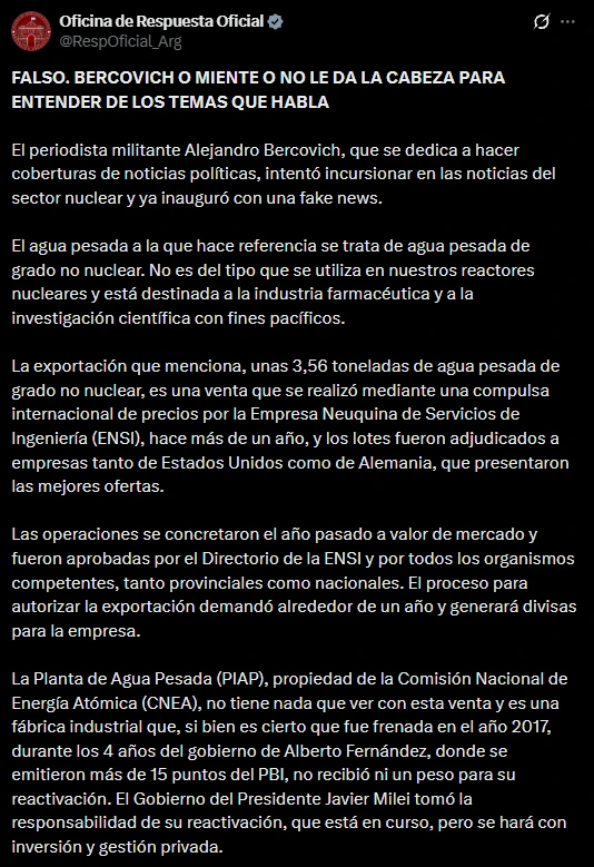 El mensaje de la Oficina de Respuesta Oficial.
