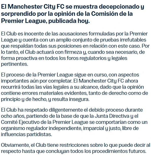 El comunicado del Manchester City