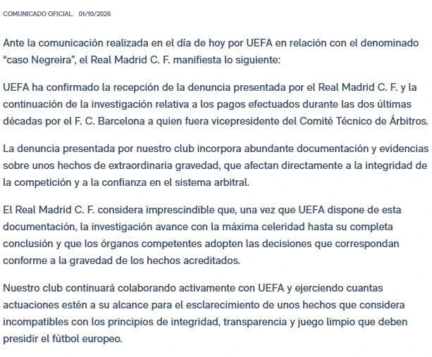 El comunicado del Real Madrid