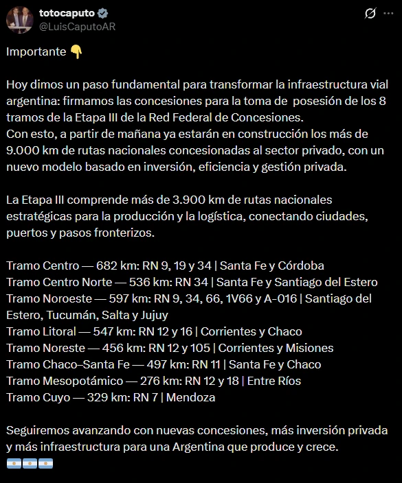 El anuncio de Luis "Toto" Caputo en su cuenta de X.