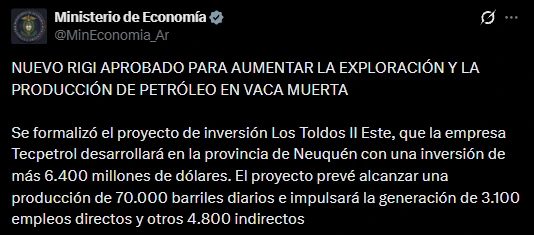El comunicado del Ministerio de Economía.