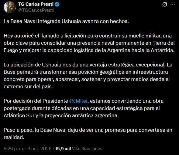 El post del ministro de Defensa, Carlos Presti, en su cuenta de X.