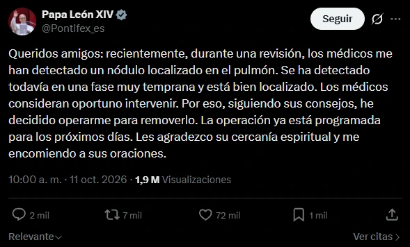 El post del Papa León XIV trayendo calma y certeza en su cuenta de X.