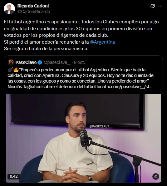 El posteo de Carloni en X sobre los dichos de Tagliafico