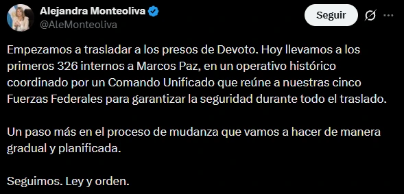 La ministra de Seguridad se expresó sobre el operativo en sus redes sociales.