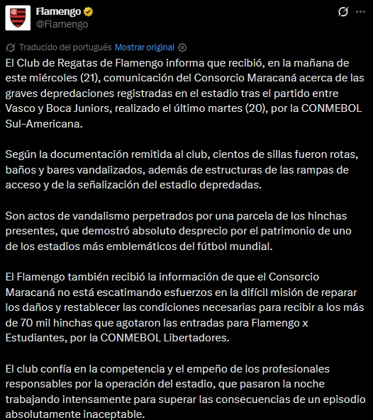 El comunicado del Flamengo