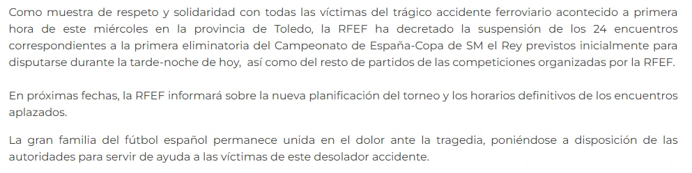 El comunicado de la RFEF tras la tragedis de Toledo