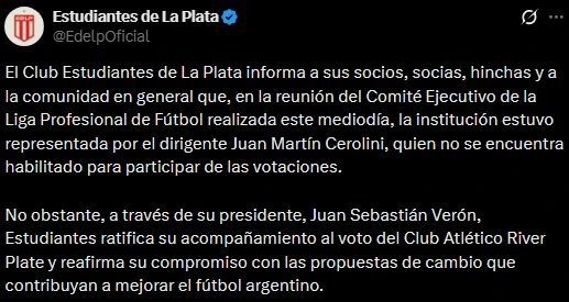 El comunicado de Estudiantes sobre la votación del nuevo formato de la LPF