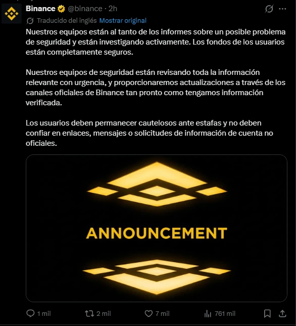 El comunicado oficial de Binance.