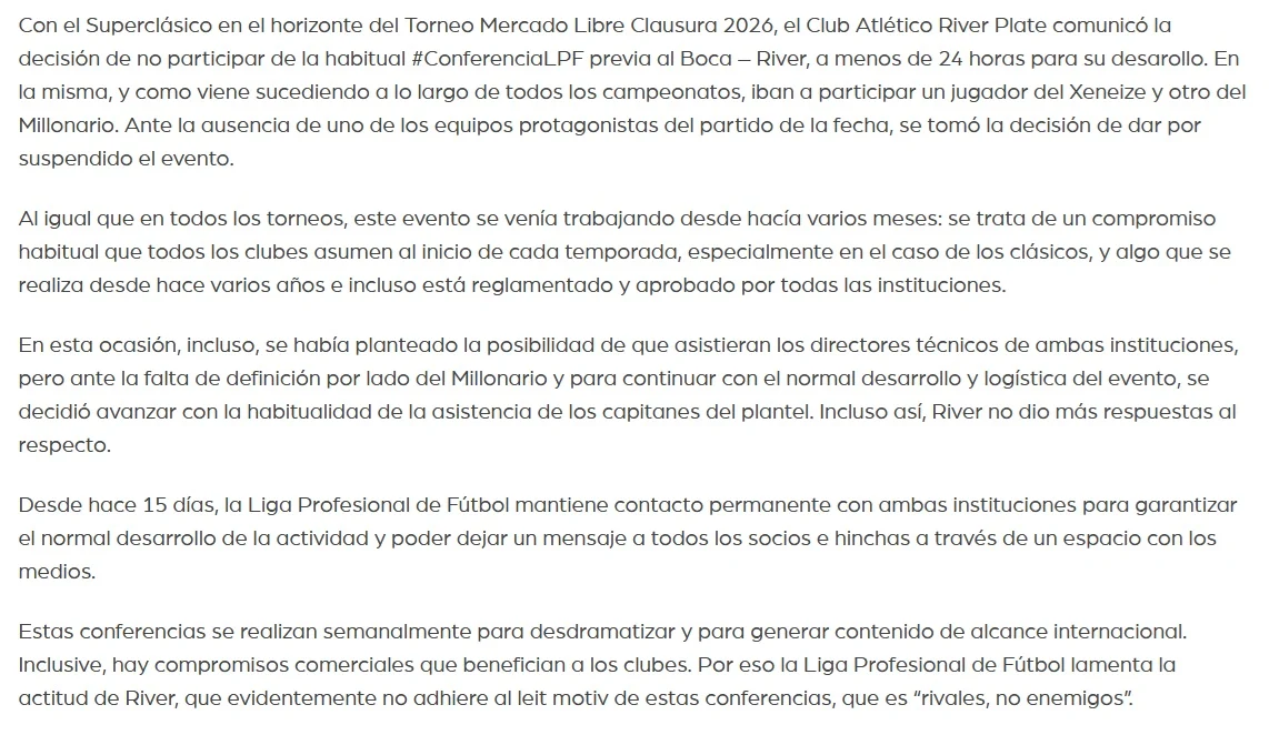 Comunicado de la Liga Profesional de Fútbol