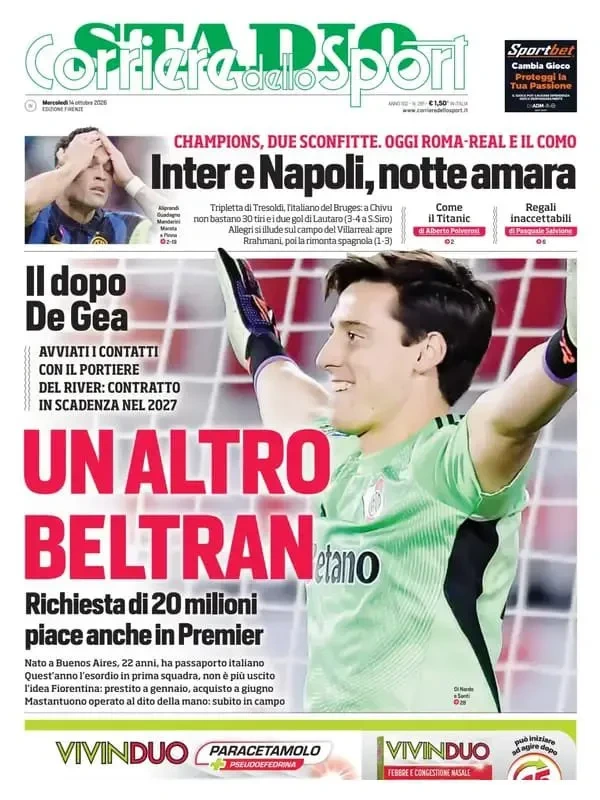 La portada de Corriere dello Sport sobre Santiago Beltrán