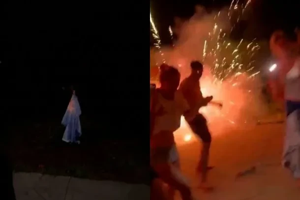 Tenían que ser gallegos: intentaron quemar una bandera de Argentina con un fuego artificial y casi causan un incendio