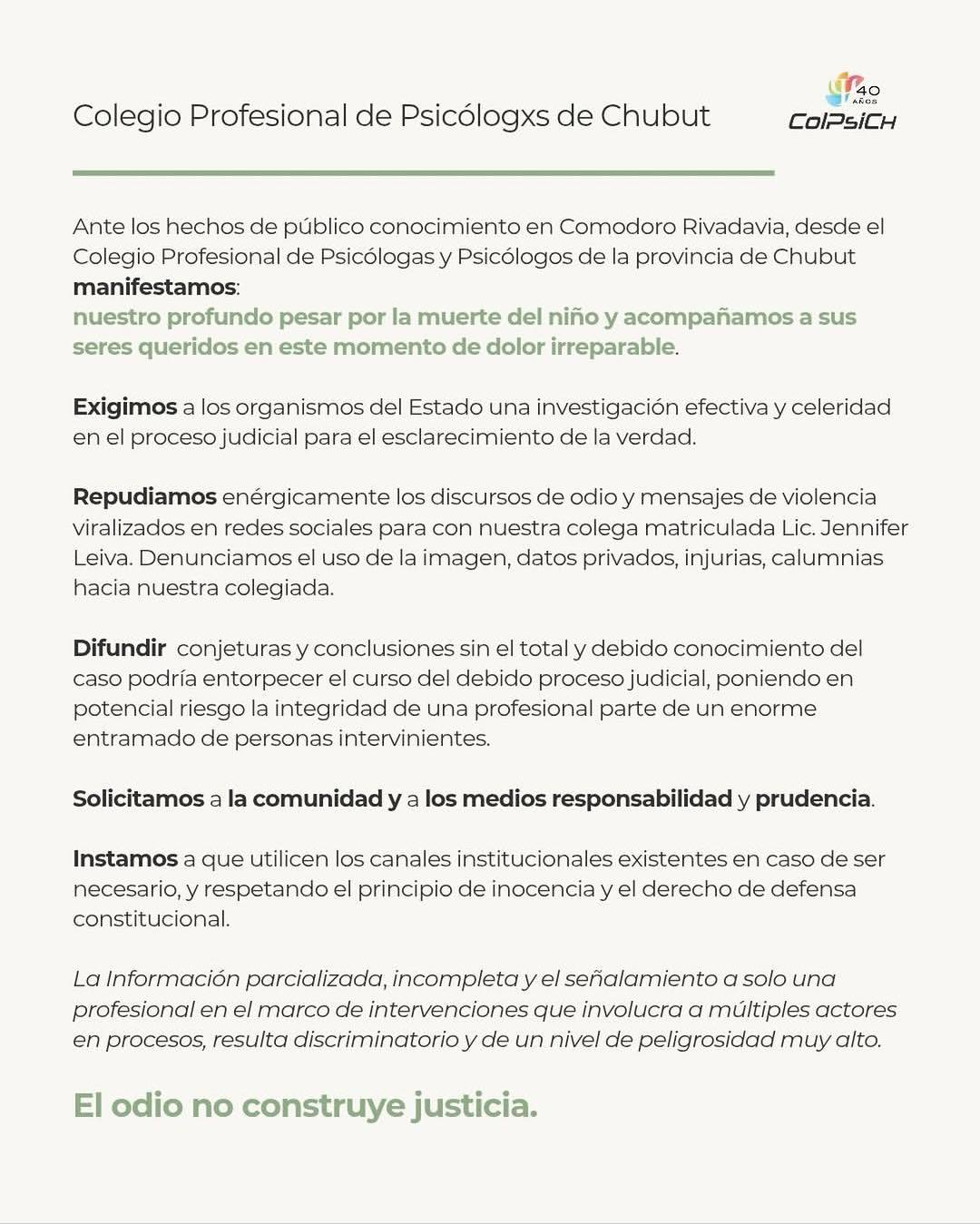 El comunicado eliminado por el Colegio de Psicólogos de Chubut.
