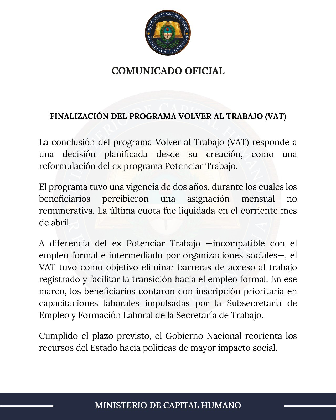 La primera pagina del comunicado de Capital Humano.
