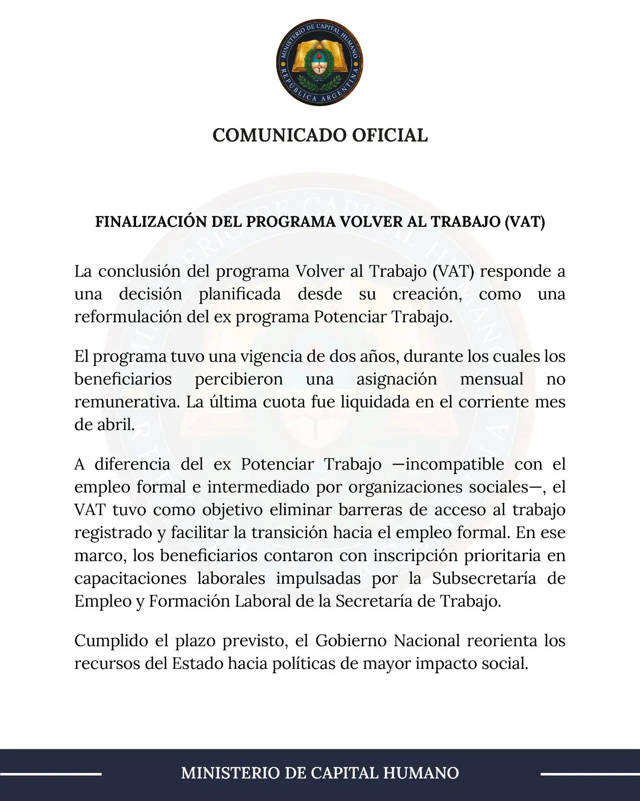 Comunicado del Ministerio de Capital Humano en abril de 2026.