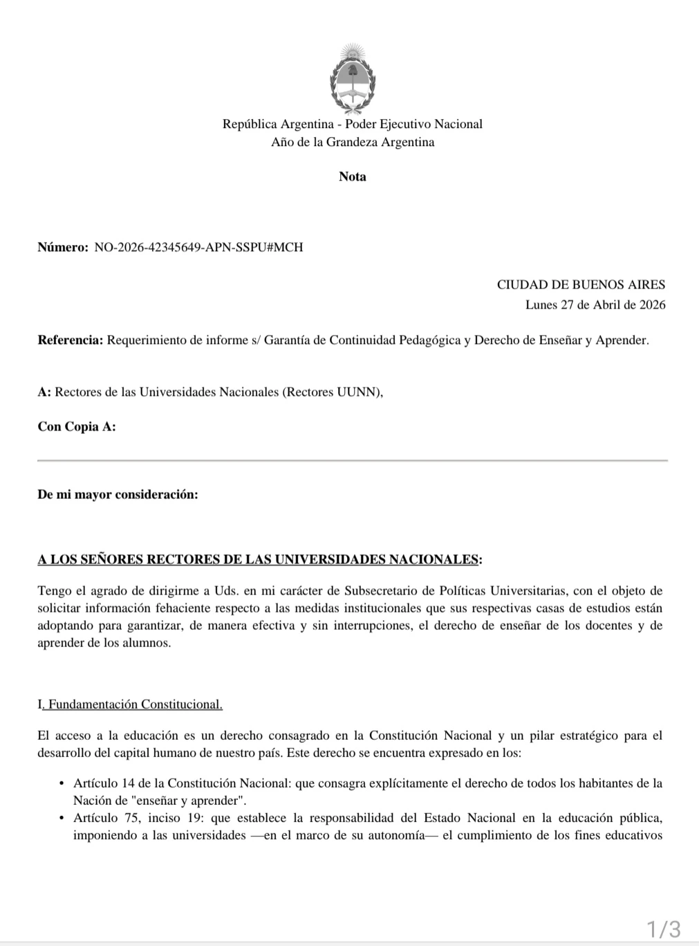 Excerpt from the statement issued by the Undersecretary for University Policies.