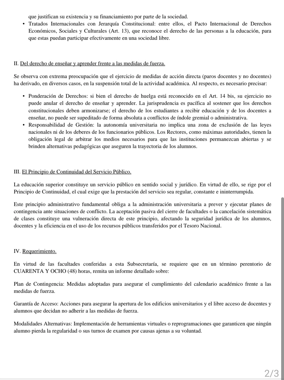 Excerpt from the statement issued by the Undersecretary for University Policies.