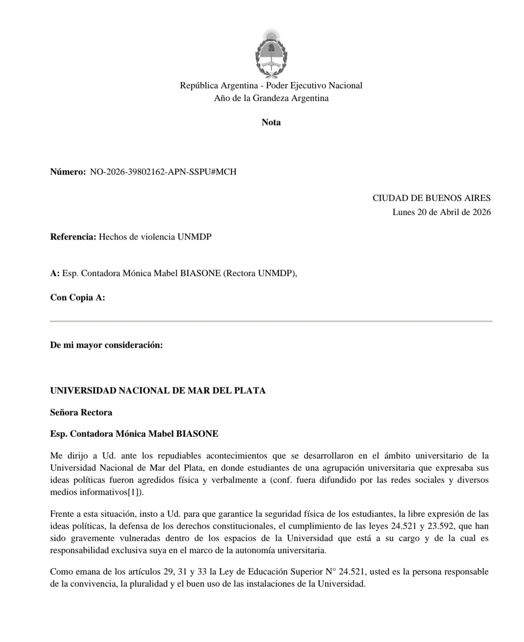 Excerpt from the statement issued by the Undersecretary of University Policies of the Nation.