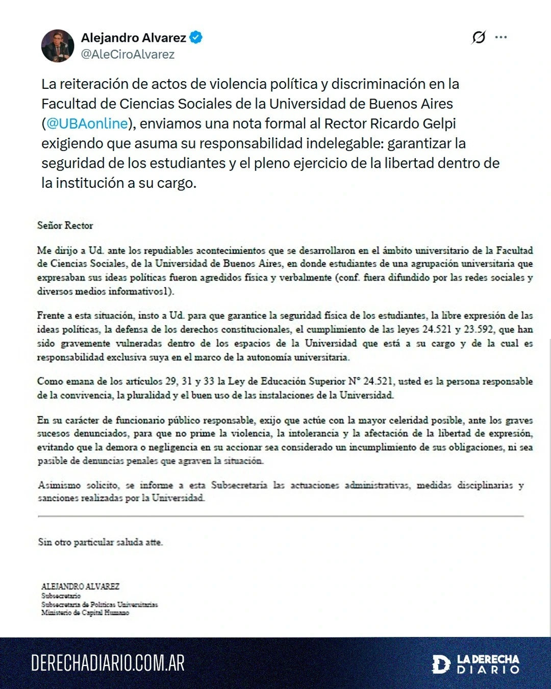 El comunicado emitido por el subsecretario de Universidades de Milei.