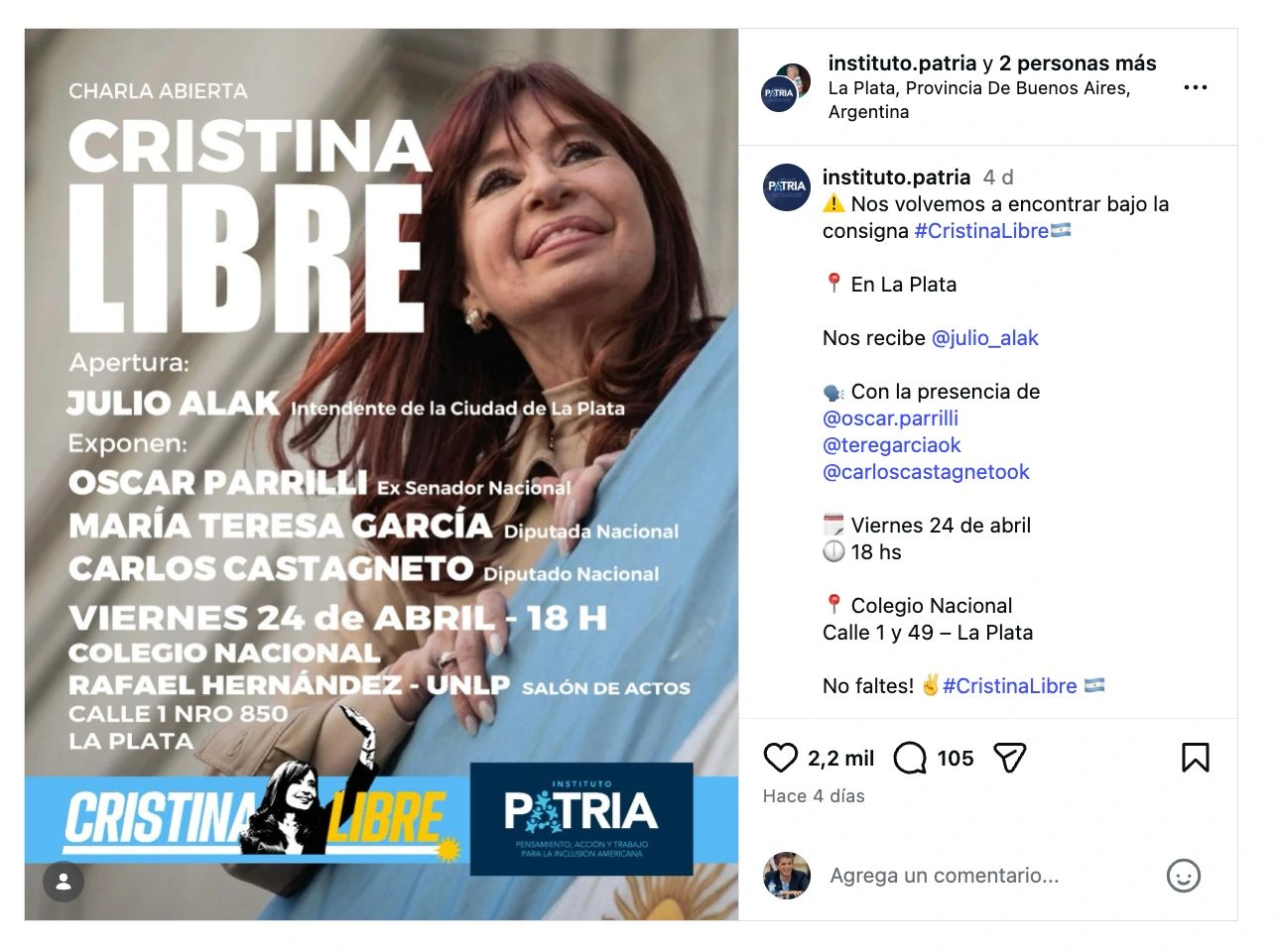 El flyer del evento difundido por el Instituto Patria.