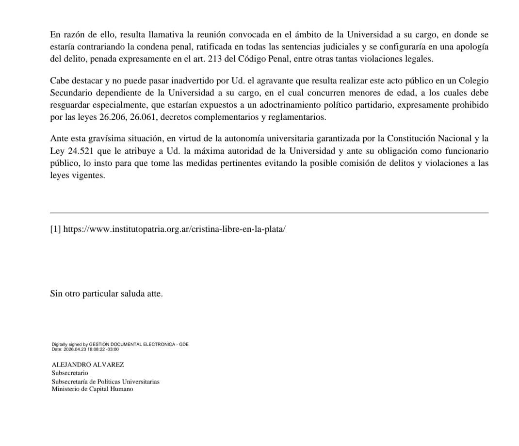 Fragmento del comunicado firmado por Alejandro Alvarez.