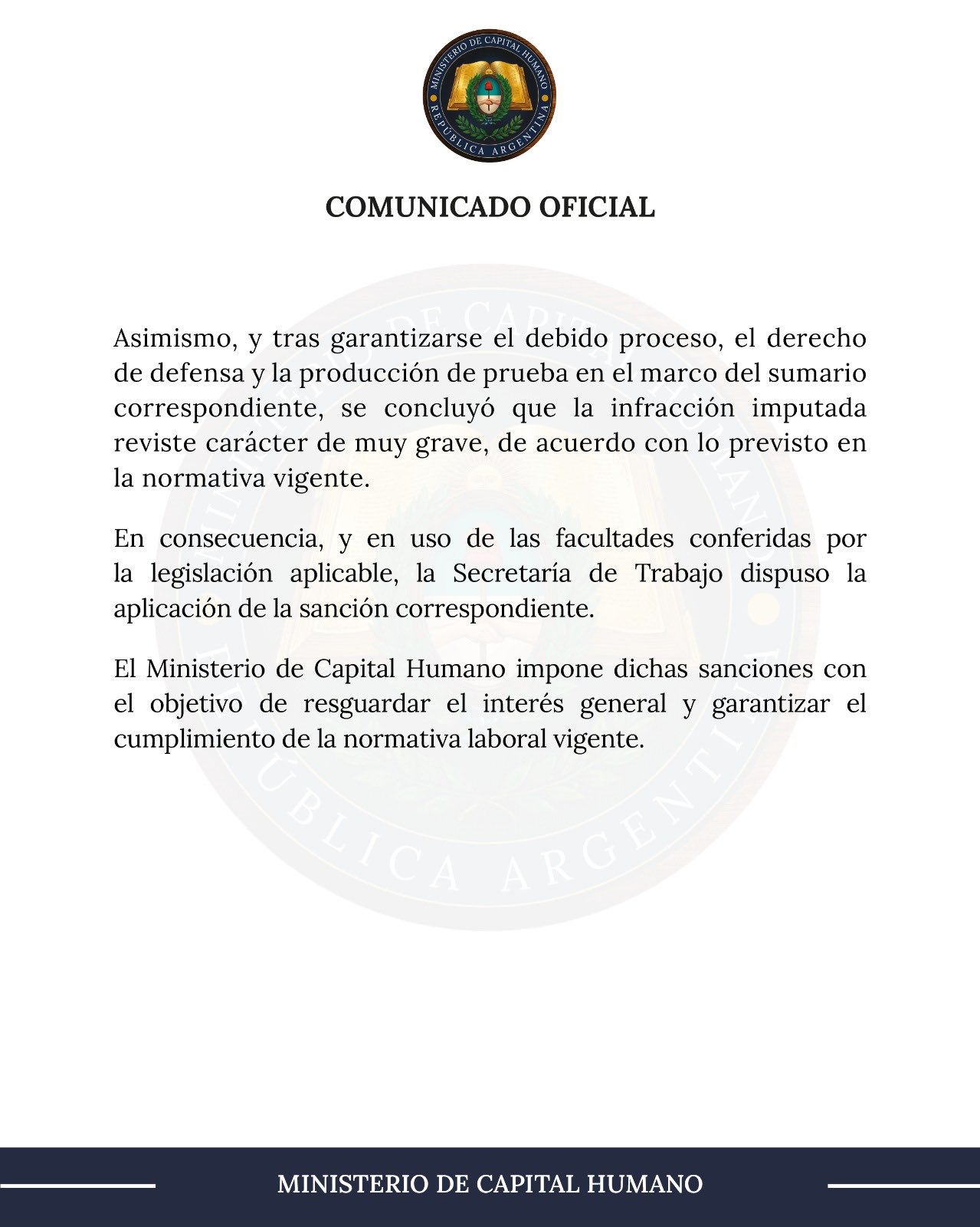 Fragmento del comunicado emitido por Capital Humano.