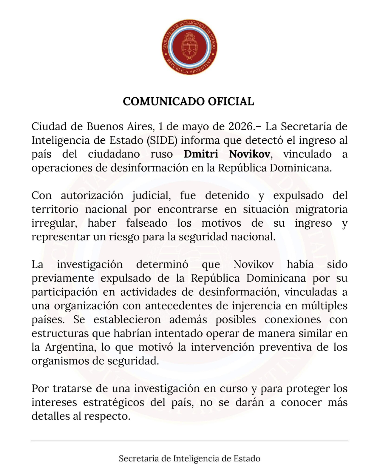 El comunicado de la SIDE.