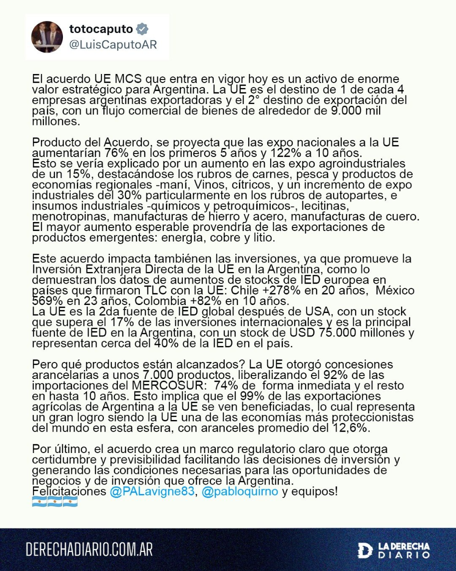 El post del ministro en la red social X (ex Twitter)