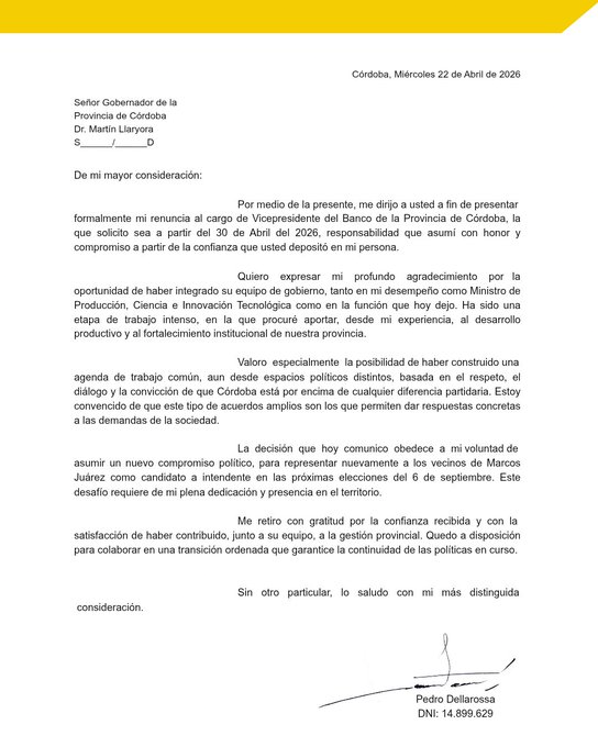 Comunicado mediante el cuál Pedro Dellarossa presentó su renuncia ante el gobernador Martín Llaryora.