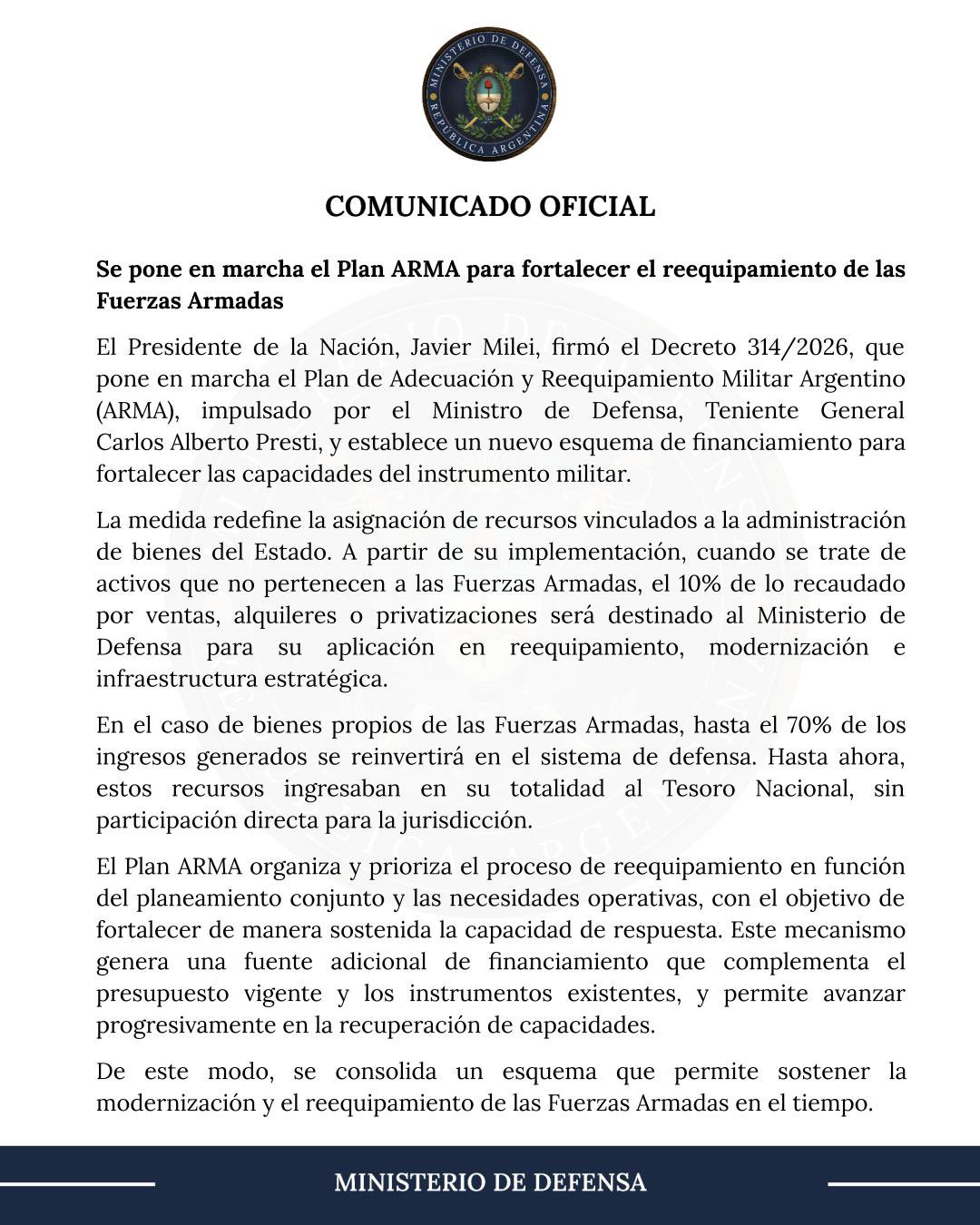 El comunicado del Ministerio de Defensa.