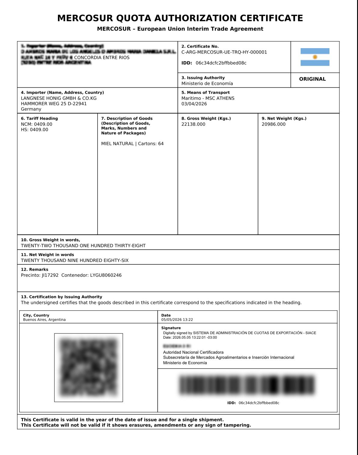 El certificado emitido por el Ministerio de Economía.