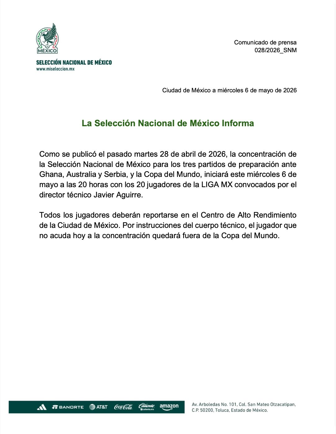 The press release from the Mexican National Team