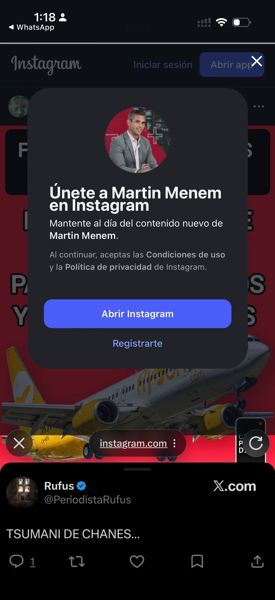 El link que lleva a la cuenta de Instagram de Martín Menem.
