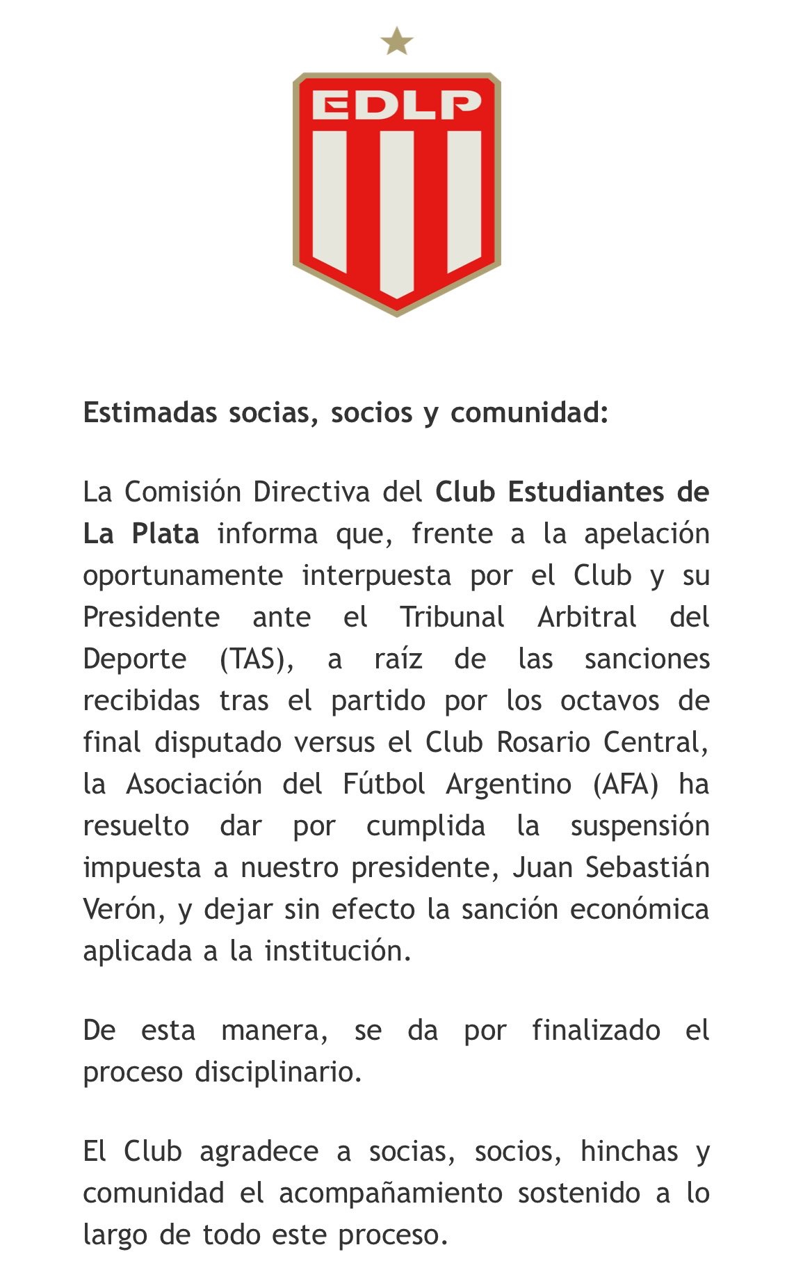 El comunicado de Estudiantes