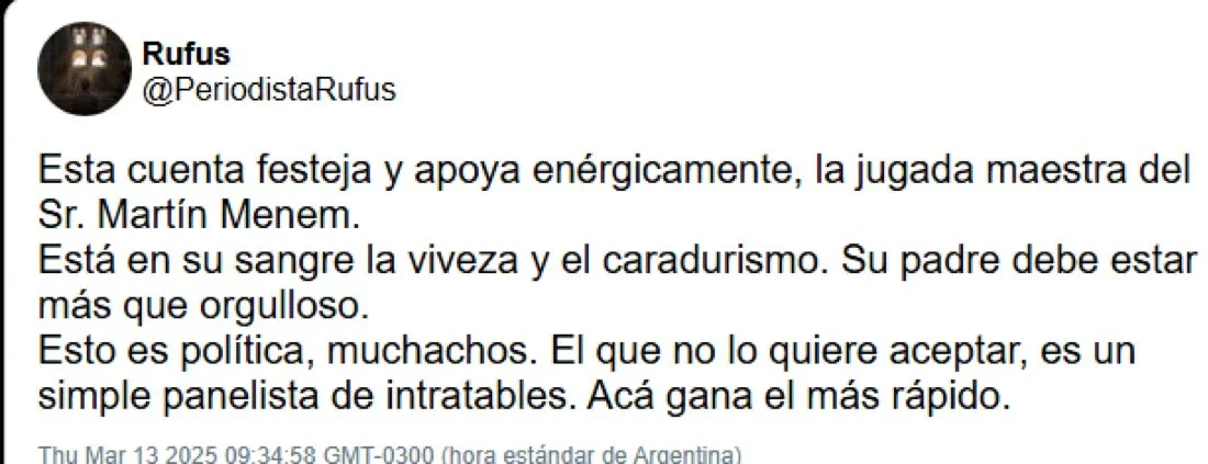 La publicación de Rufus sobre Menem.