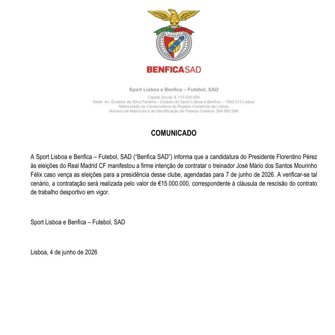 The statement from Benfica to the CNMV