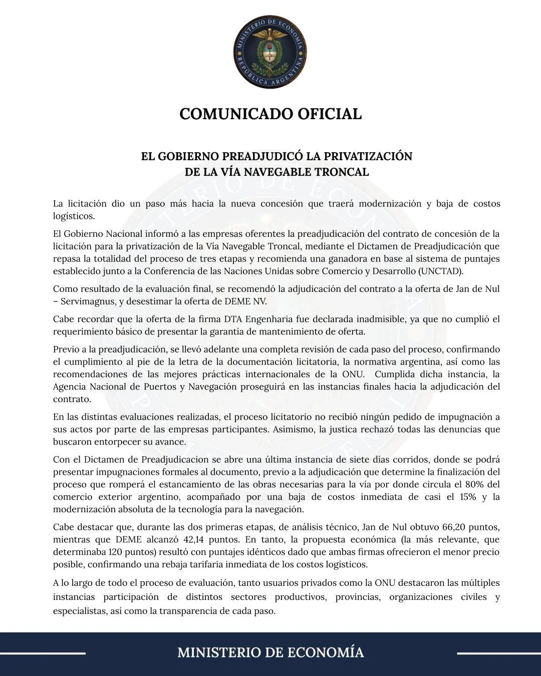 El comunicado sobre la preadjudicación emitido por el Ministerio de Economía.