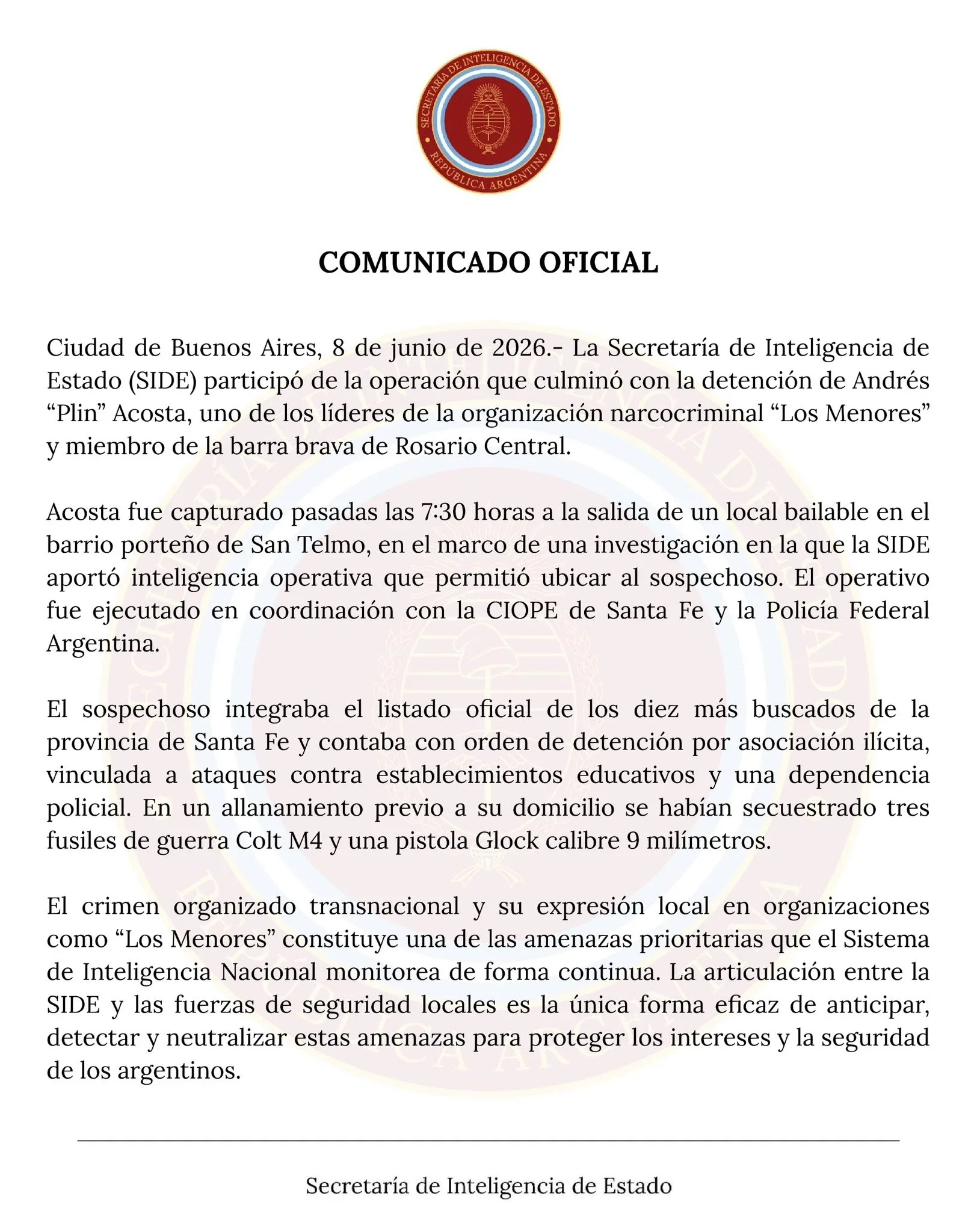 The statement released by the SIDE on X