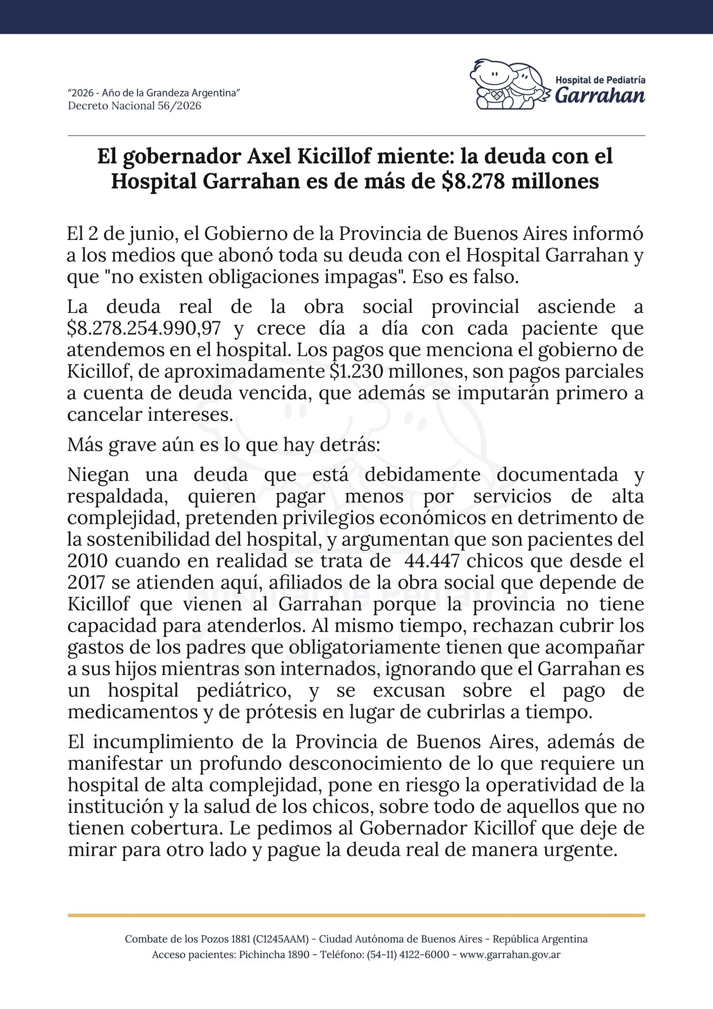 El comunicado del Hospital Garrahan.