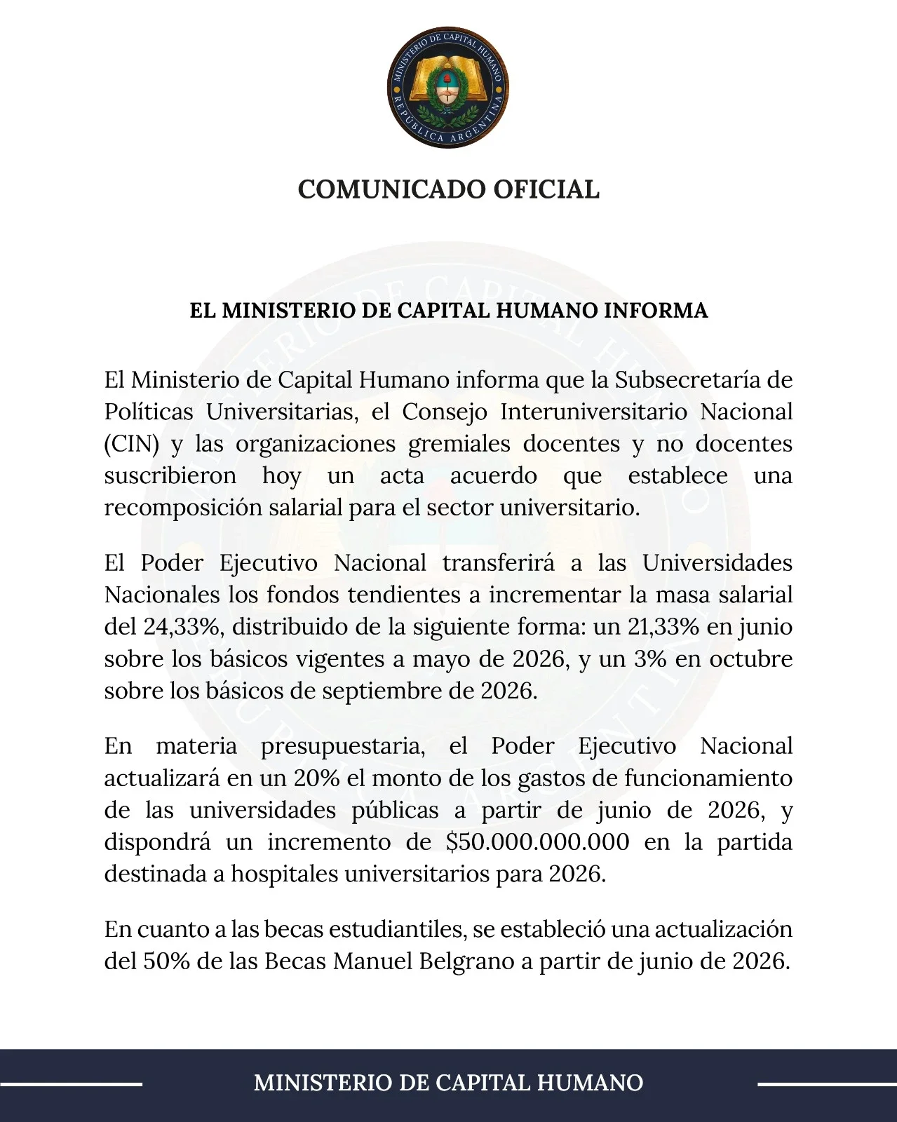 Fragmento del comunicado emitido por el Ministerio de Capitan Humano.