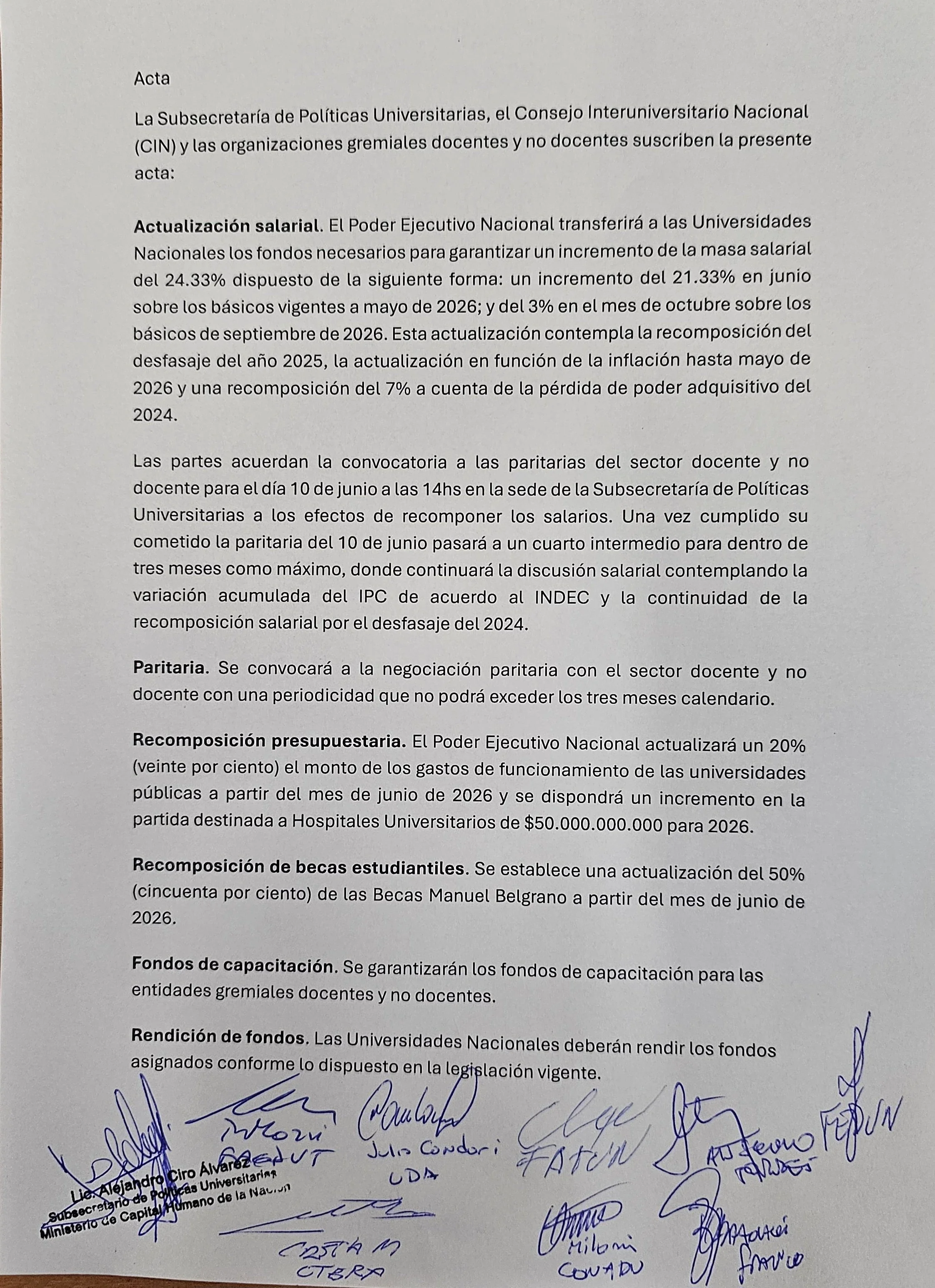 Los términos de la recomposión firmados por Alejandro Ciro Alvarez, Subsecretario de Políticas Universitarias de la Nación.