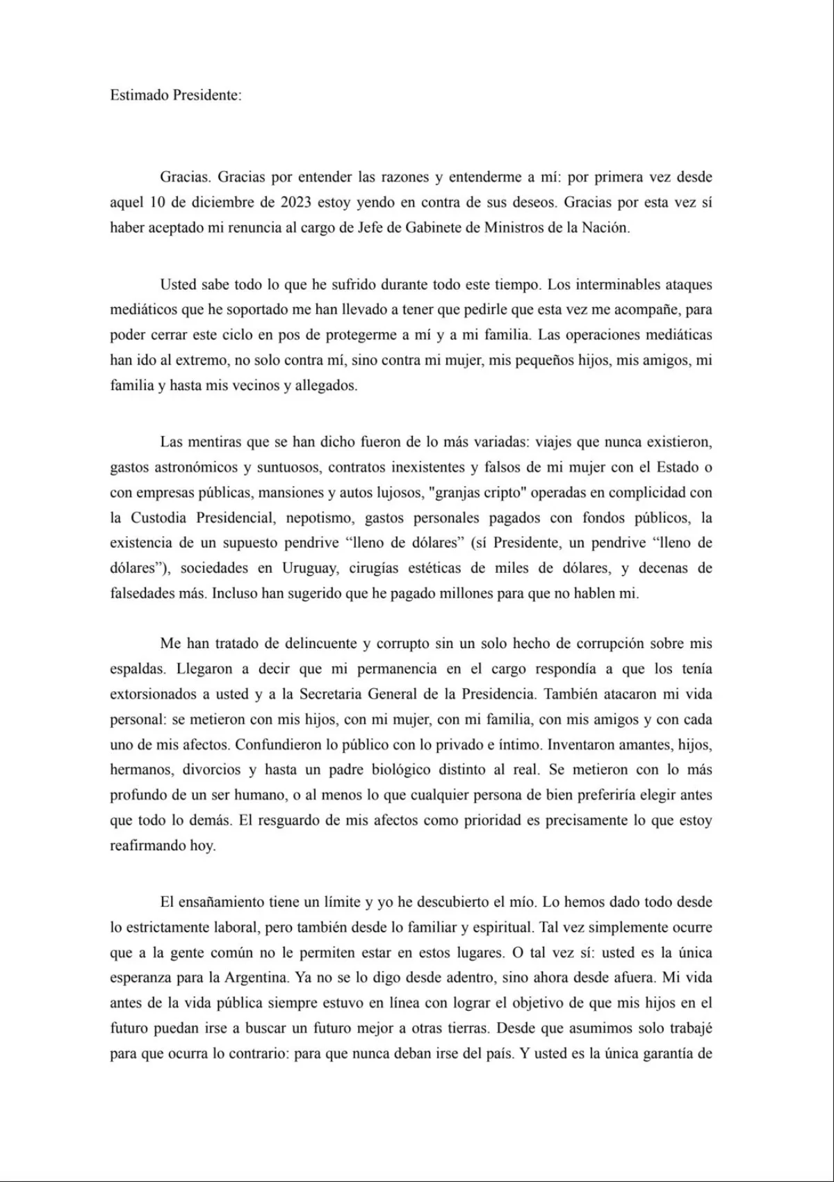 Fragmento del comunicado publicado por Manuel Adorni (1/3)