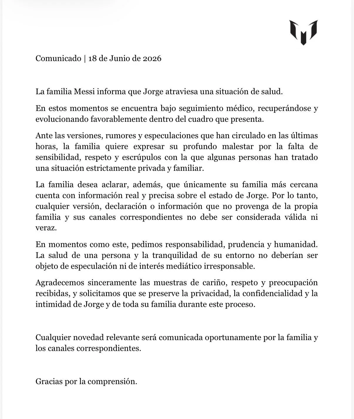 The statement from the Messi family