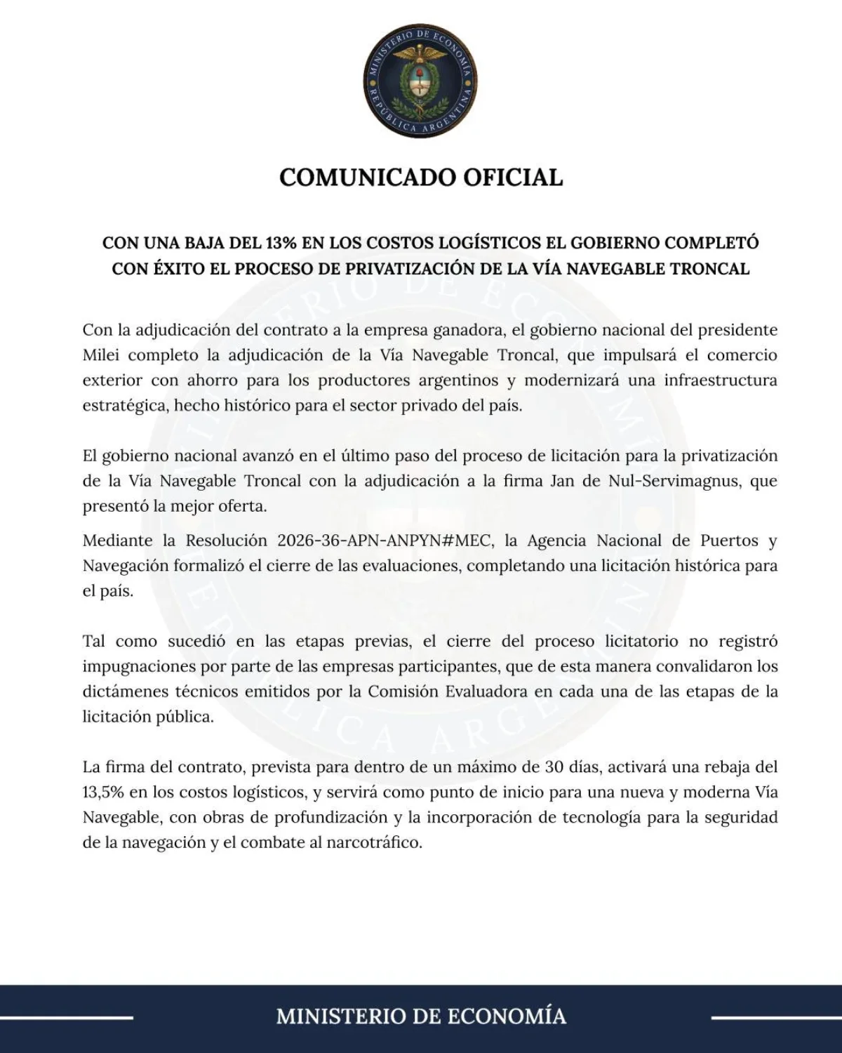 Fragmento del comunicado emitido por el ministerio de economía.