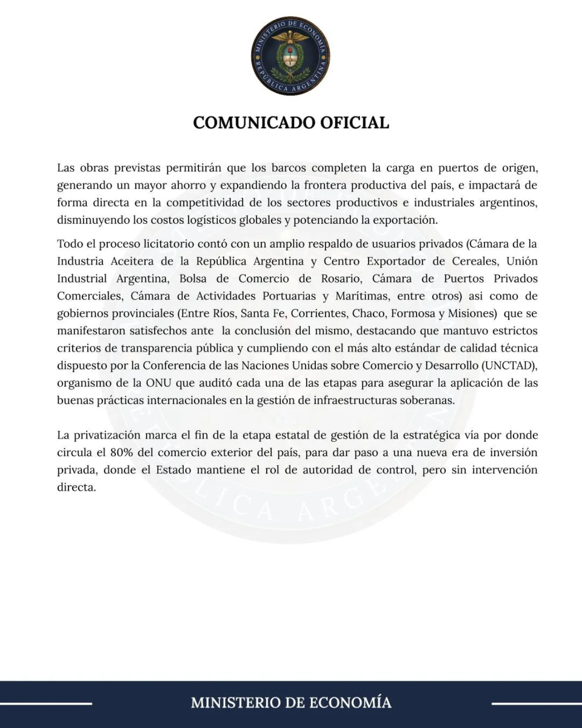 Fragmento del comunicado emitido por el ministerio de economía.