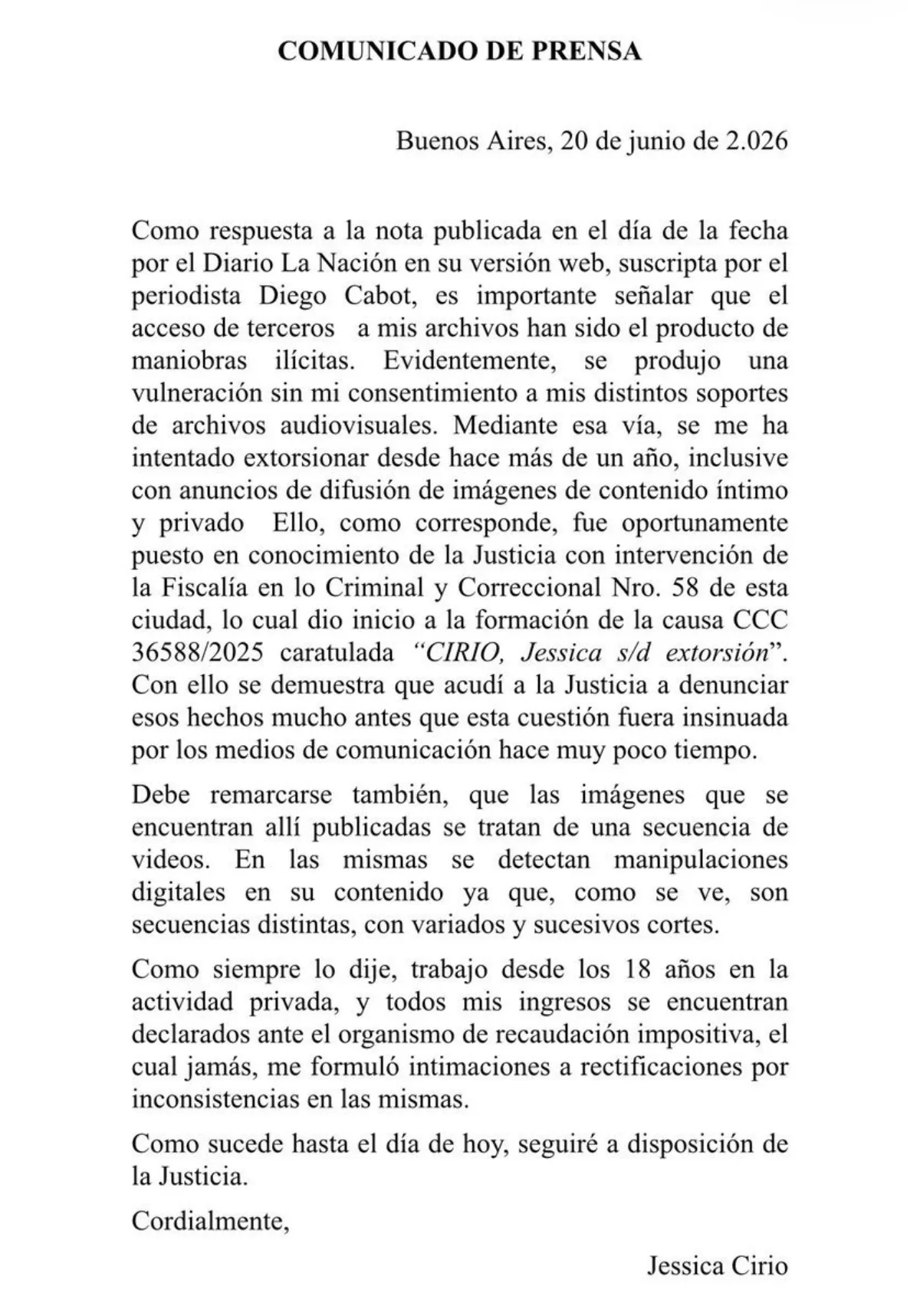 Comunicado de Jésica Cirio