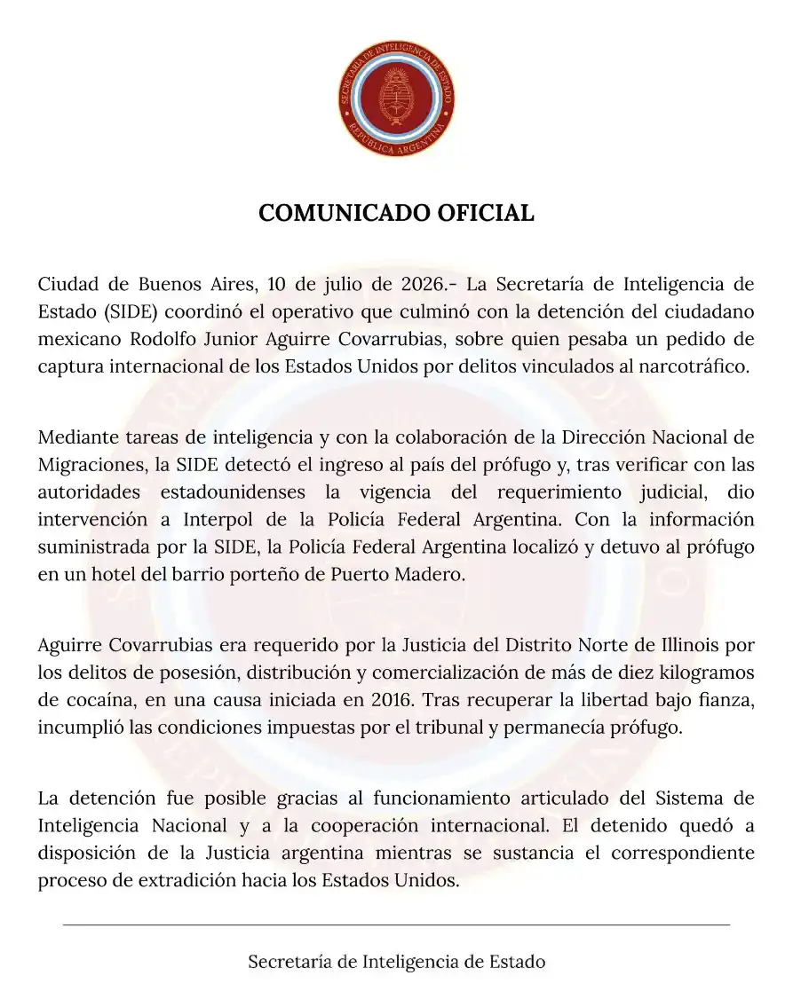 El comunicado emitido por la SIDE.