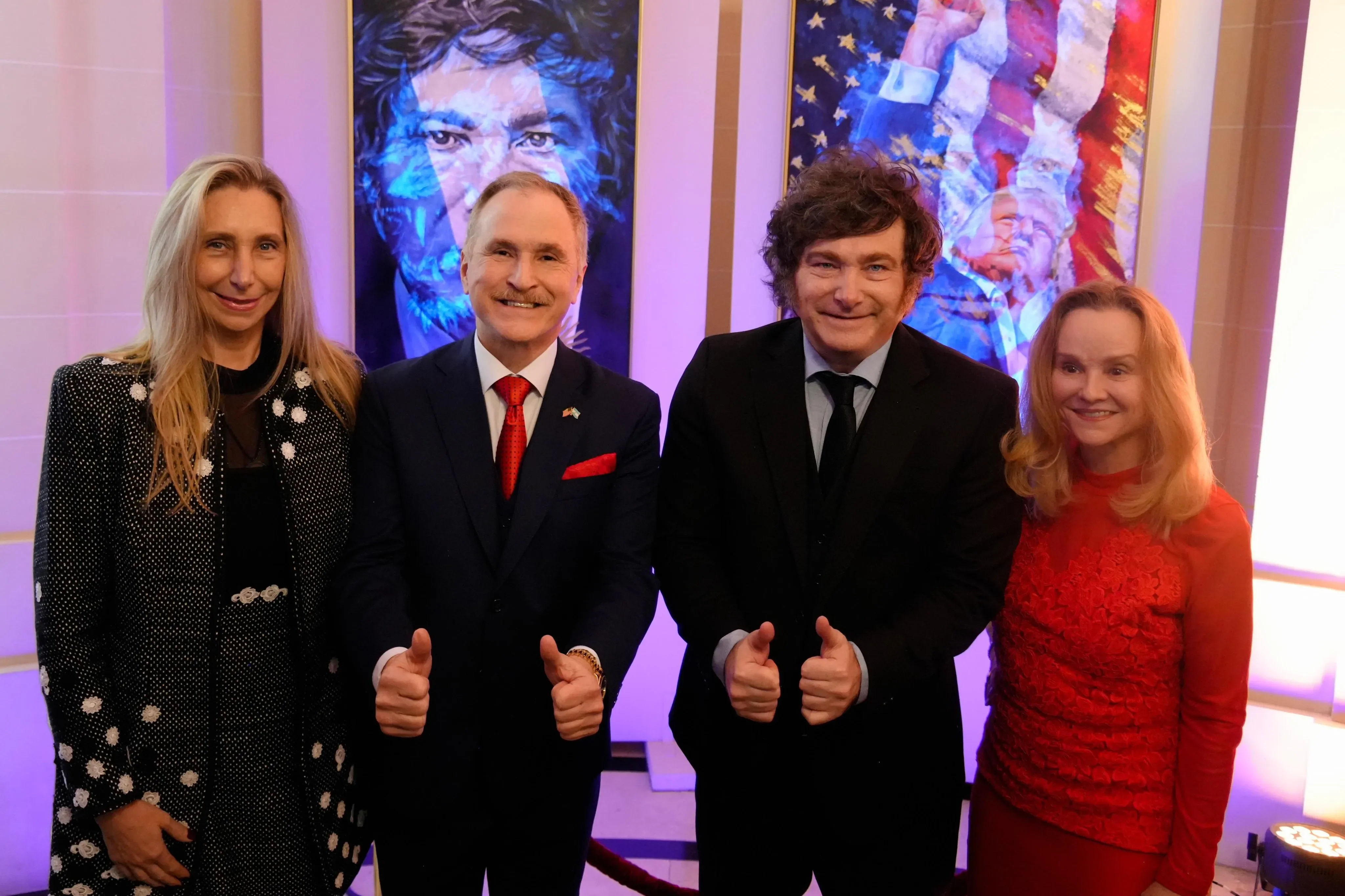 Javier and Karina Milei alongside Peter Lamelas, the United States Ambassador to Argentina.