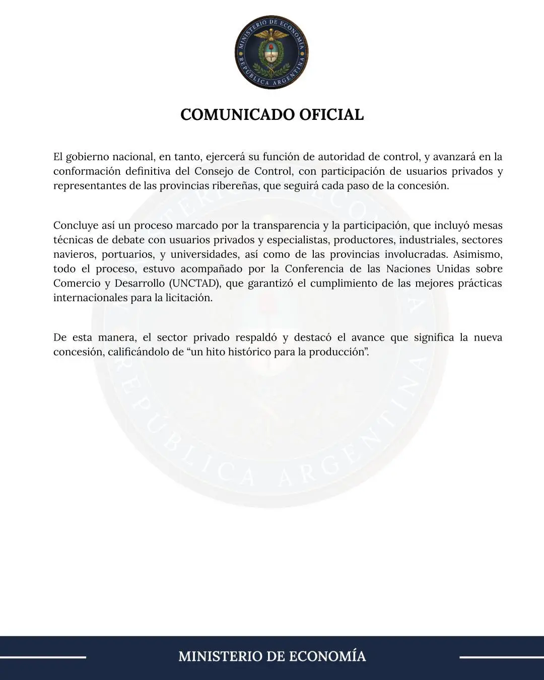 Framento del comunicado emitido por el Ministerio de Economía.